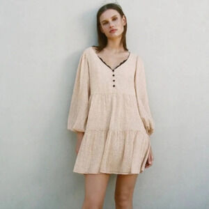 Zara Blush Mesh Tiered Dotted Dress Above Knee Length 3/4 Sleeve lined size M